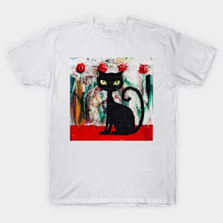 Black Cat With Red Roses T-Shirt